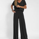 Nadorine Casual Two Pieces Set Short Sleeve V neck Tops and Wide Leg Long Pants