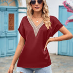 Short Sleeve V Neck Blouse Top Lace Trim Casual Summer Tee Shirt