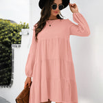 Long Puff Sleeve Shirt Dress Casual Crewneck Loose Fit Sundress Trendy Tiered Layer Summer Mini Dresses