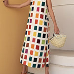 A-Line Loose Contrast Color Pockets Split-Side Round-Neck Midi Dresses