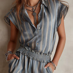 Vintage Satin Striped Blouse And Shorts Set With Ruffles