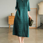 Loose Stitching Solid Color V-neck Half-sleeved Mid-length Dress