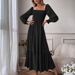 Solid Color Long Sleeve Dress Square Neck Lotus Leaf Maxi Dress