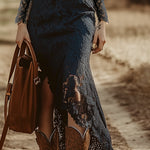 Vintage Bohemian Blue Lace Long Sleeve Midi Dress