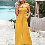 Sleeveless Lace-up Smocked Jumpsuits Solid Loose fit Wide Leg High Wasit Romper