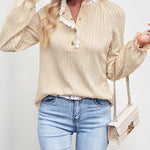 Solid Color Stand Collar Lace Long Sleeve Top Pullover