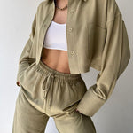 Two Piece Outfits Casual Lounge Sets Long Sleeve Short Casual Shirt with Drawstring Trousers Set