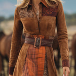 Western Retro Lace-Up Plaid Patchwork Caramel Faux Suede Maxi Dress