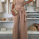 Elegant Solid Color Asymmetric Ruffles Bandeau Top and High Waist Wide Leg Pants Set
