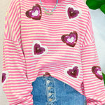 Pink Stripe Sequin Heart Patches Pattern Long Sleeve Valentines Top