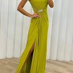 Pretty Special Pleated Embellished Slit Evening Maxi Dress