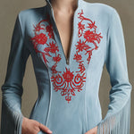 Western Retro Red Embroidered Blue Faux Suede Long-Sleeved Tassel Mini Dress
