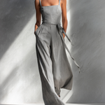 Women's Minimalist Linen Blend Gray Spaghetti-Strap Square-Neck Tie-Waist Wide-Leg Jumpsuit