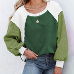 Nadorine Colorblock Bishop Sleeve Sweatshirt Plush Stitching Jumper Crop Top
