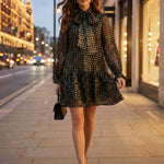Long Sleeves Puff Sleeves Pleated Polka Dot Shiny Split-Joint High Neck Mini Dresses