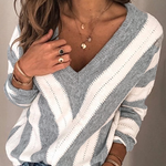 Casual Striped Split Joint Contrast V Neck Tops(5 Colors)