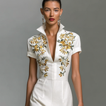 Women's Embroidered V-Neck Short Sleeve Waist Midi Dress