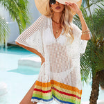 Hollow Out Beach Swimsuit Coverups Oversized Short Sleeve V Neck Loose Knit Bikini Cover Up