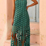 Juju Embroidered Cutout Polka Dots Square Neck Tassel Hem Slip Maxi Dress