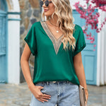 Short Sleeve V Neck Blouse Top Lace Trim Casual Summer Tee Shirt