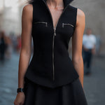 Sculpted Sleeveless Moto Vest-Dress With High Funnel Neck