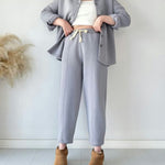 Simple Casual Two-Piece Set with Fleece Inside Lapel-Neck Shirt+Wide-leg Pants