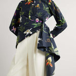 Long Sleeves Loose Asymmetric Flower Print Split-Joint Lapel Blouses&Shirts Tops