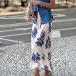Vintage Blue and Gold Floral Satin Midi Skirt
