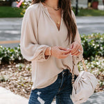 Nadorine V Neck Chiffon Plain Long Sleeve Loose Casual Work Office Blouses