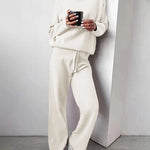 Women's Knitted Sweater Set Solid Color Two Piece Turtleneck Sweater Straight High Waist Wide Leg Pants Set