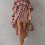 Off-the-shoulder Linen High-low Hem Midi Dress With Ruffles