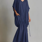 Women's Navy Blue Sheer Chiffon Dress With Batwing Sleeves & Ruched Side Detail, Timeless Effortless-Boho Style Dress