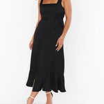 Tie-straps Ruffled Square Collar Sleeveless Slit Mid-length Dress