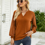 Nadorine V Neck Tops Solid Color Blouse Long Sleeve Pullover Lace Patchwork Shirt