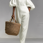 Women's White Linen Jumpsuit With Cold-Shoulder Neckline & Puff Sleeves, Timeless Boho-Casual Style Jumpsuit