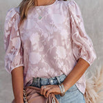 Nadorine Five Quarter Sleeves Puff Sleeves Round Neck Top Chiffon Loose Flower Texture Casual Shirt
