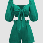 Half Sleeve Knot Front Crop Cardigan Top with Shorts Sets