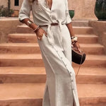 Solid Color Lapel Casual Button-down Shirt and Loose Pocket Slit Wide-leg Pants Set
