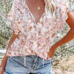 Nadorine Women's Boho Floral Print V Neck Short Sleeve Drawstring Tops Loose Blouses Button Down Shirts