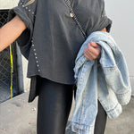 WASHED ROLL UP SLEEVE STUDDED OVERSIZED TEE