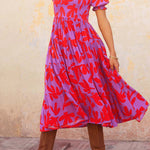Botanical print puff sleeve A-line dress