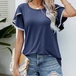 Pom-Pom Trim Flutter Sleeve Round Neck Tee Casual Blouses Tops