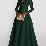 A-Line High Waisted Pleated Solid Color V-Neck Maxi Dresses