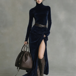 Women's Elegant Navy Blue Velvet High-neck Long-sleeved Slim-fit Maxi Dress With A Slit