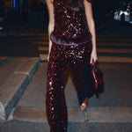 Gala Goddess Sequin Faux Fur Trim Crew Neck Sleeveless Loose Top