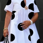 A-Line Short Sleeves Pleated Polka-Dot Printed Split-Joint Round-Neck Midi Dresses