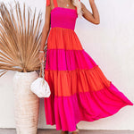 Sleeveless Elegance Suspender Dress with Splicing Wooden Ears Colorblock Maxi Dress