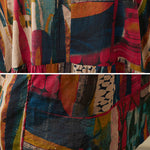 Vintage Loose Abstract Printed Pleated Round-Neck Half Sleeves Midi Dress
