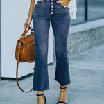 Nadorine Buckle Design High-waisted Micro-flared Jeans Casual Cropped Pants