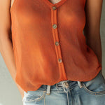 Boho Lightweight Burnt Orange Button-Front Mesh Knit Tank